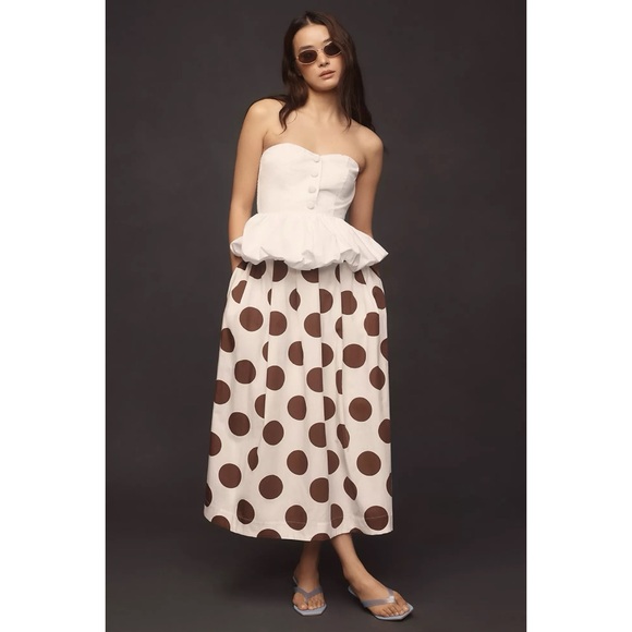 NWT Anthro Maeve Cotton Poplin Pleated Cream and Brown Polka Dot Midi Skirt XS - Picture 7 of 15